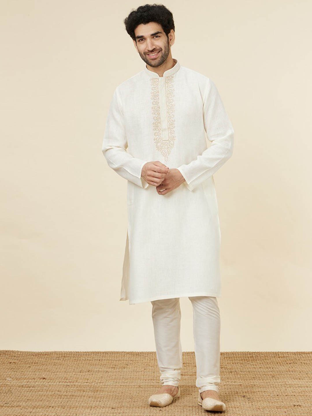 

Twamev Ethnic Motifs Yoke Design Regular Linen Kurta With Churidar, Cream