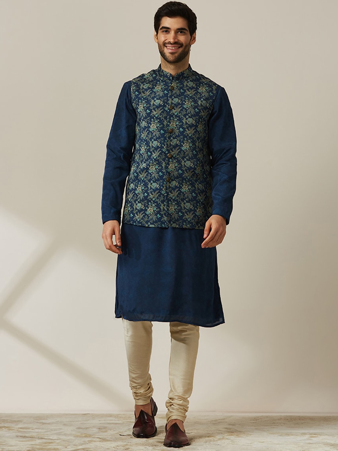 

Twamev Mandarin Collar Art Silk Straight Kurta With Churidar & Jacket, Blue