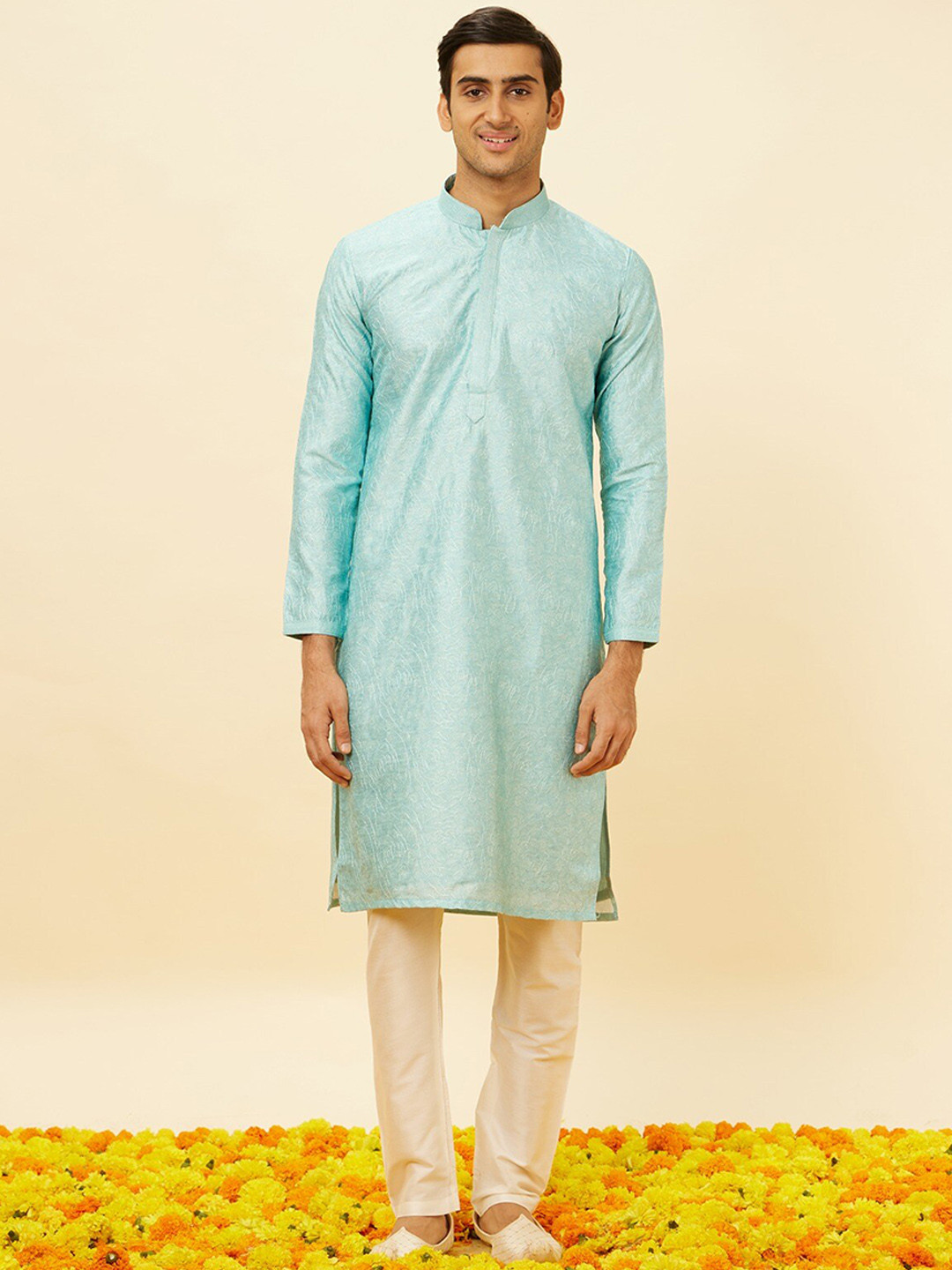 

Twamev Floral Printed Thread Work Regular Straight Kurta With Churidar, Blue
