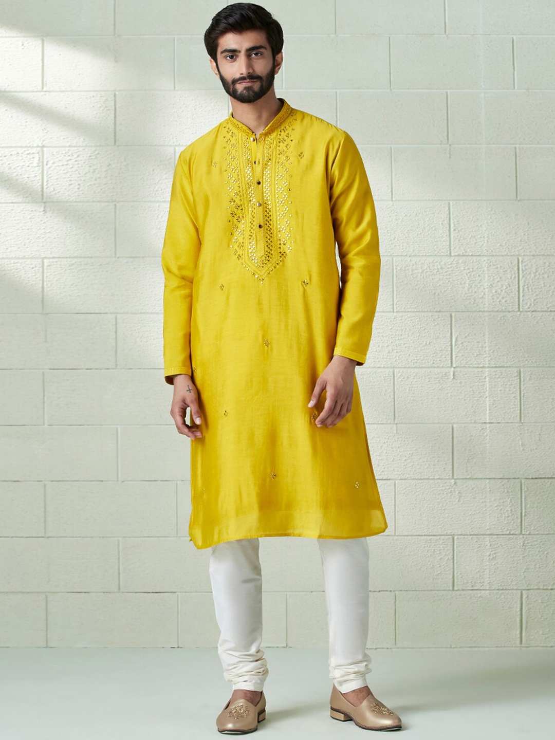 

Twamev Geometric Embroidered Mirror Work Regular Kurta With Churidar, Mustard