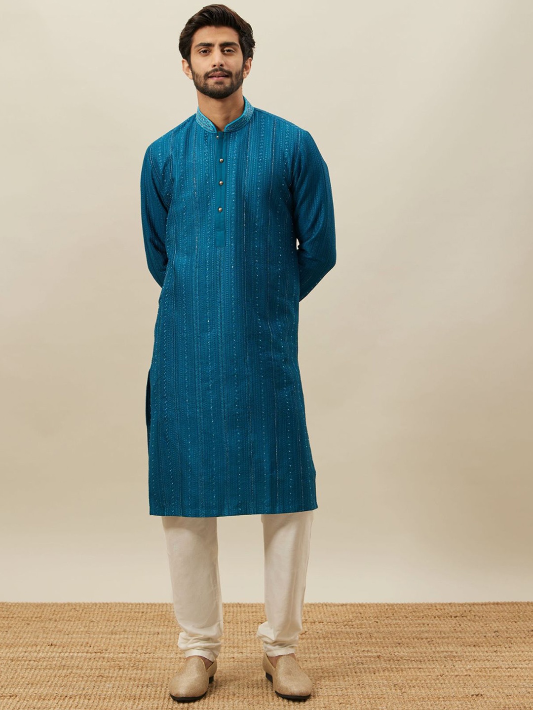

Twamev Embroidered Mandarin Collar Regular Art Silk Kurta With Churidar, Blue
