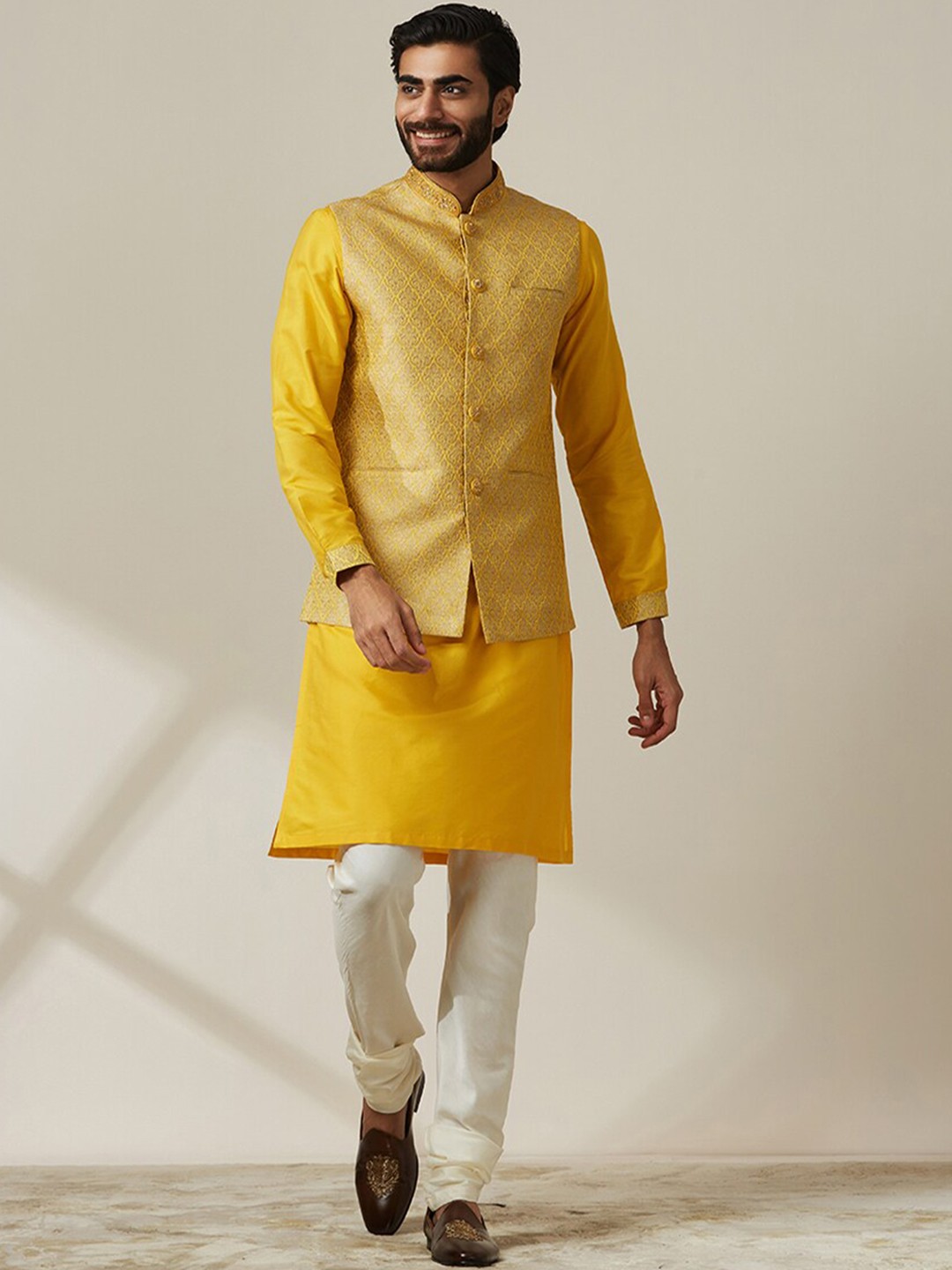 

Twamev Straight Regular Kurta with Churidar & Woven Design Nehru Jacket, Mustard