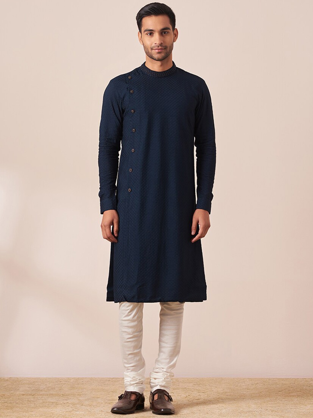 

Twamev Textured Thread Work Kurta with Churidar, Navy blue