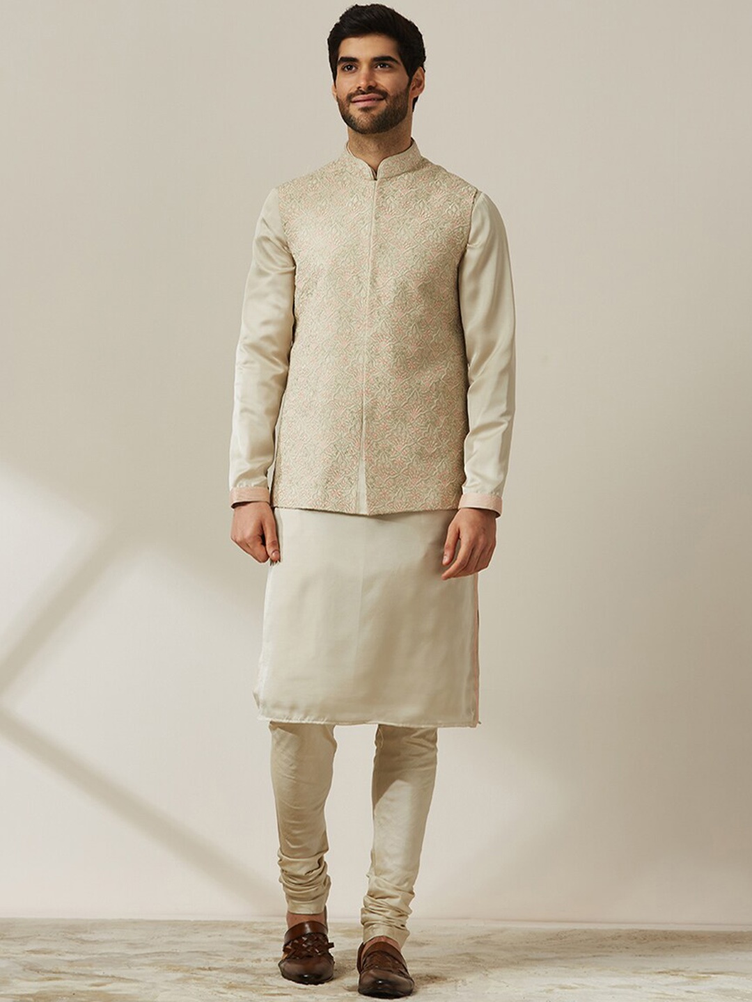 

Twamev Mandarin Collar Straight Kurta & Pyjama With Nehru Jacket, Beige