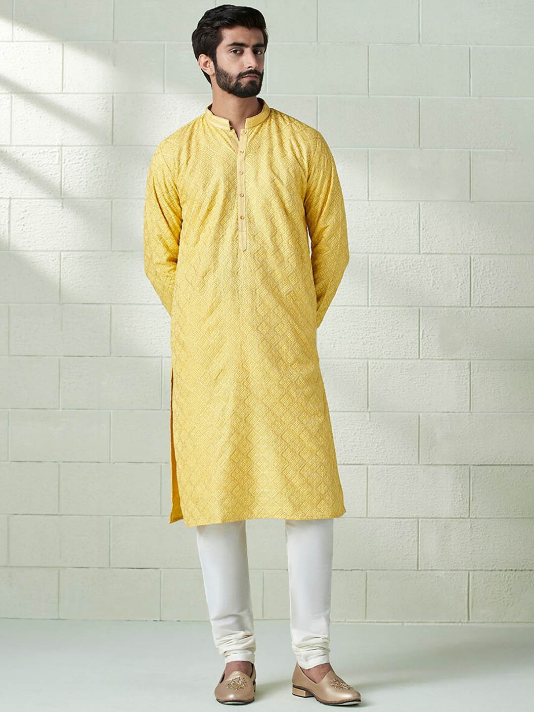 

Twamev Embroidered Mandarin Collar Straight Kurta With Churidar, Yellow
