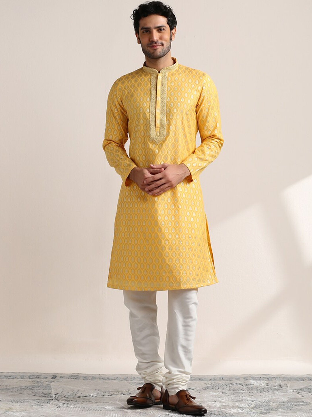 

Twamev Ethnic Motifs Woven Design Thread Work Straight Kurta with Churidar, Yellow