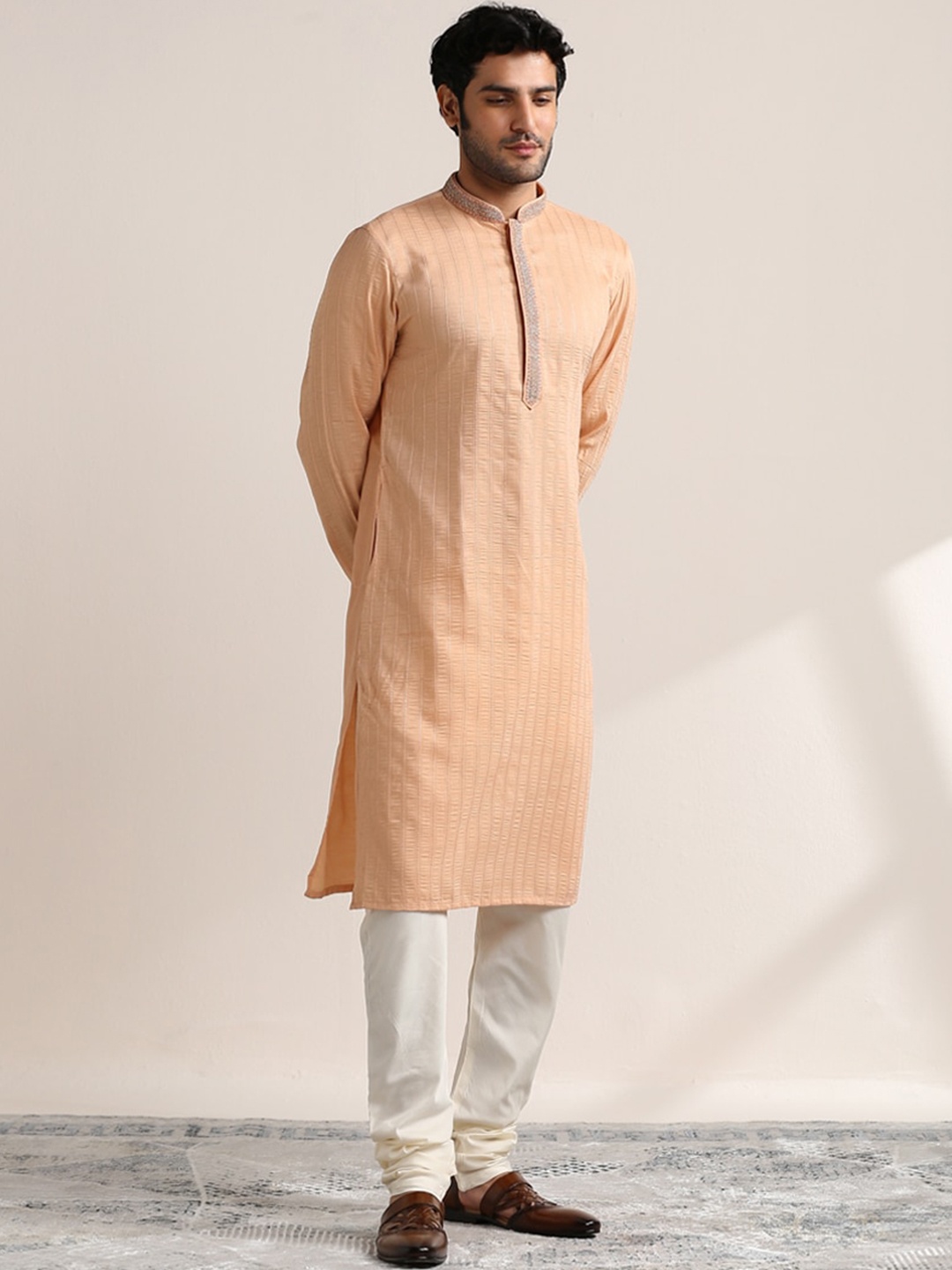 

Twamev Striped Regular Thread Work Kurta With Churidar, Peach