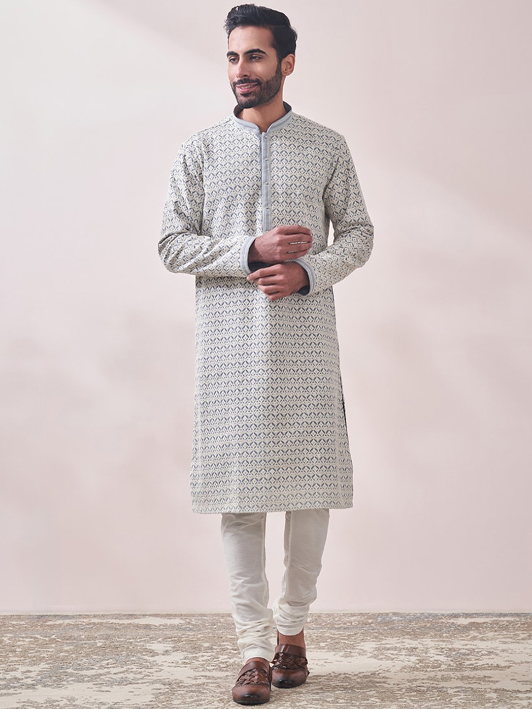 

Twamev Ethnic Motifs Embroidered Mandarin Collar Georgette Kurta with Pyjamas, Grey