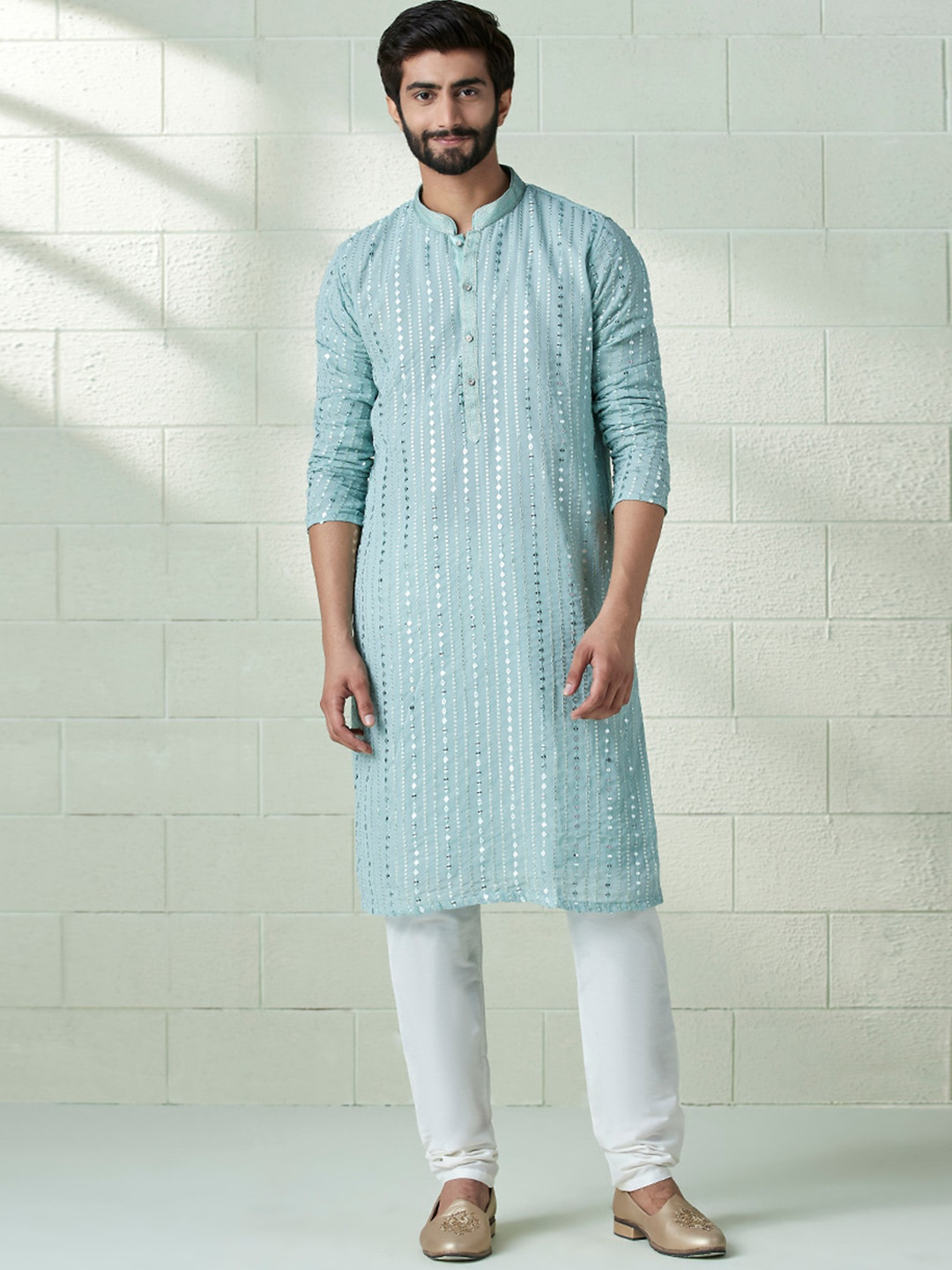 

Twamev Striped Embroidered Mandarin Collar Mirror Work Straight Kurta with Churidar, Green