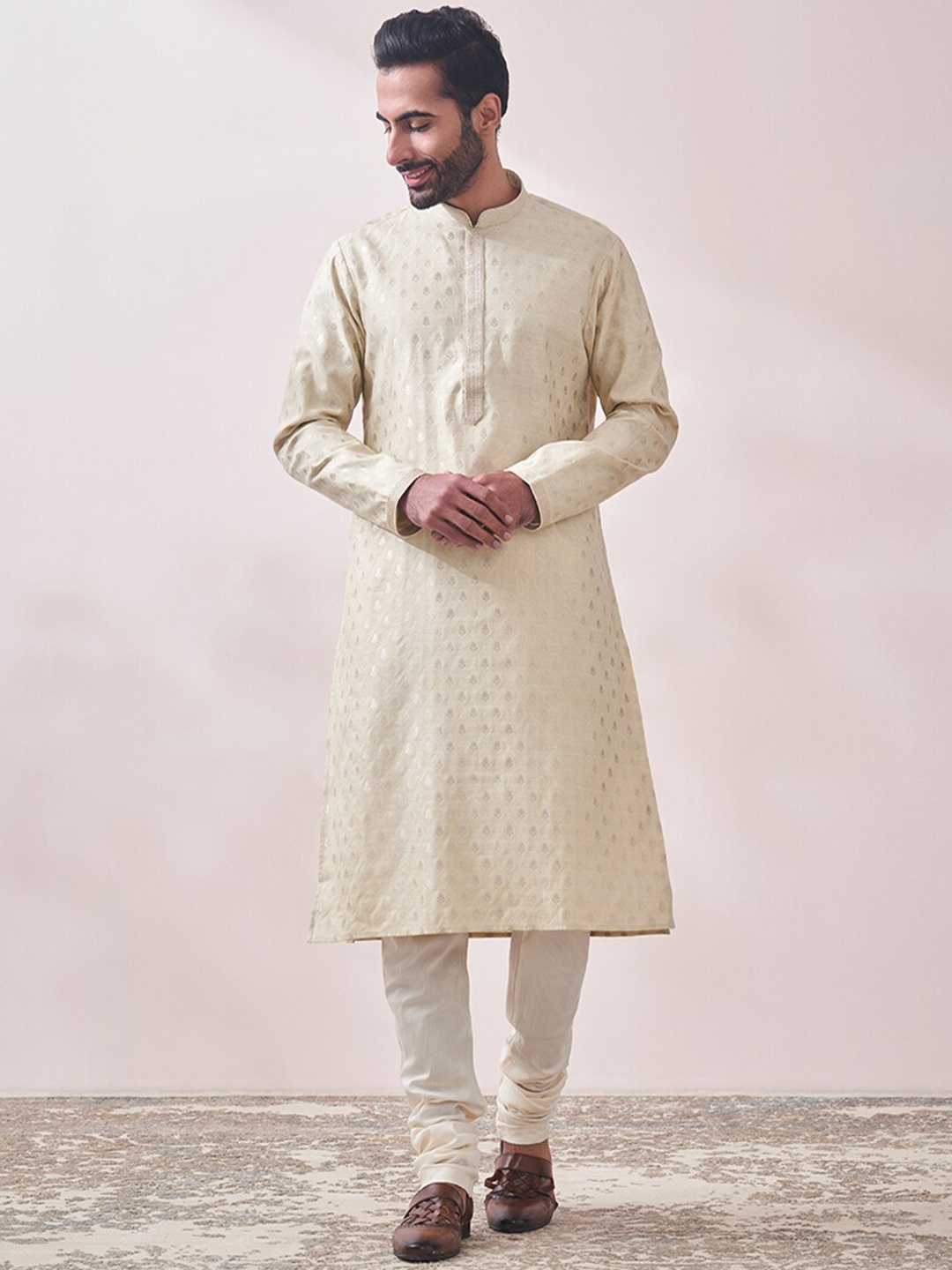 

Twamev Ethnic Motifs Woven Design Regular Kurta With Churidar, Beige