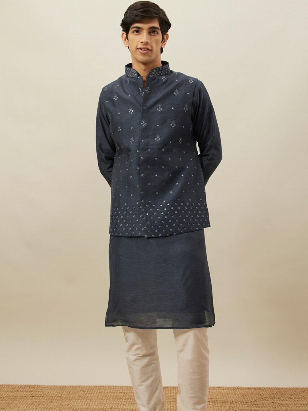 

Twamev Mandarin Collar Kurta With Churidar & Nehru Jacket, Blue