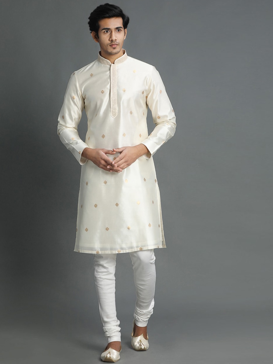 

Twamev Ethnic Motifs Woven Design Mirror Work Mandarin Collar Kurta With Churidar, Cream