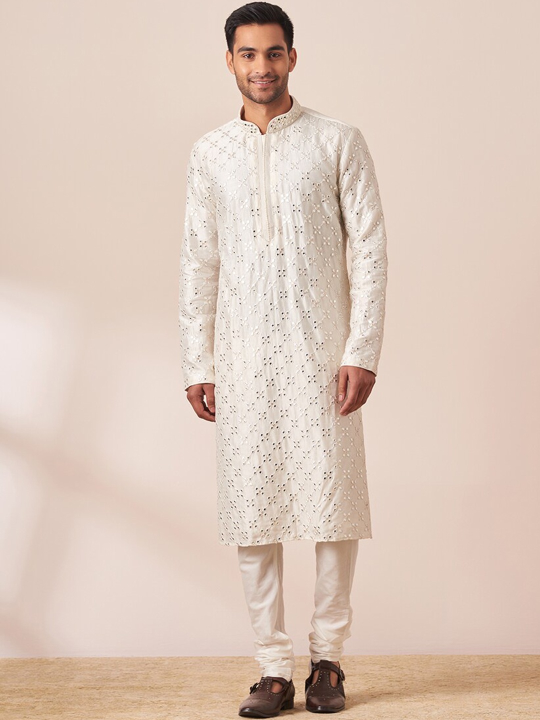 

Twamev Mirror Work Embroidered Regular Kurta With Churidar, Cream