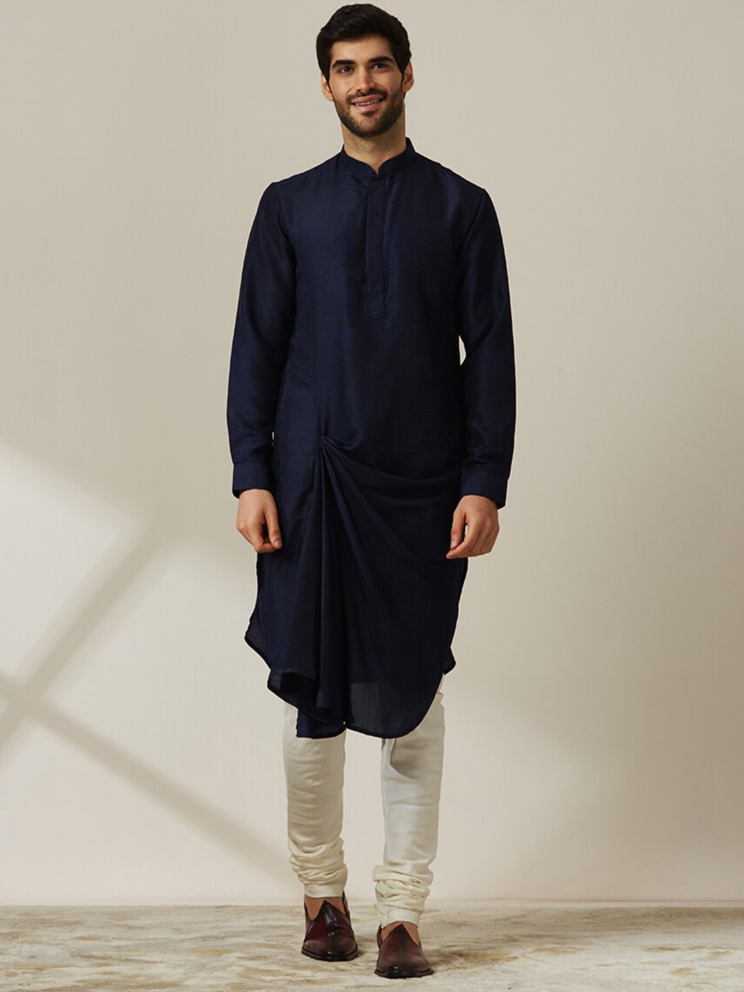 

Twamev Mandarin Collar Art Silk Straight Kurta With Churidar & Nehru Jacket, Navy blue