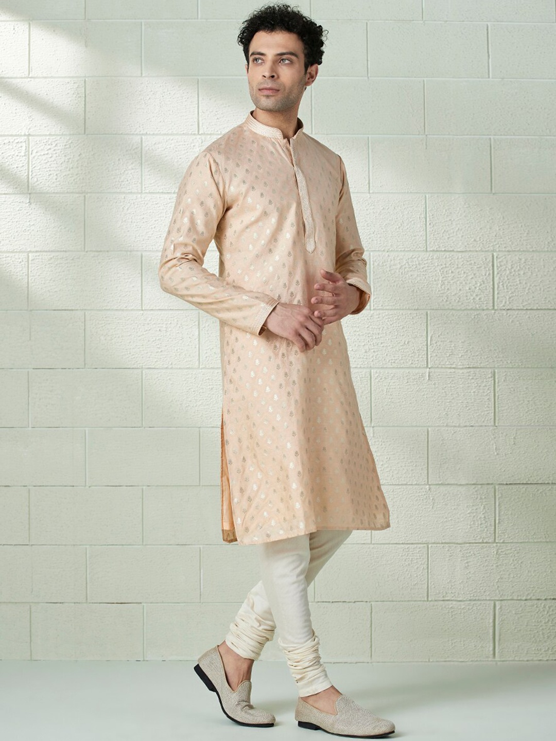 

Twamev Woven Design Mandarin Collar Kurta with Churidar, Peach