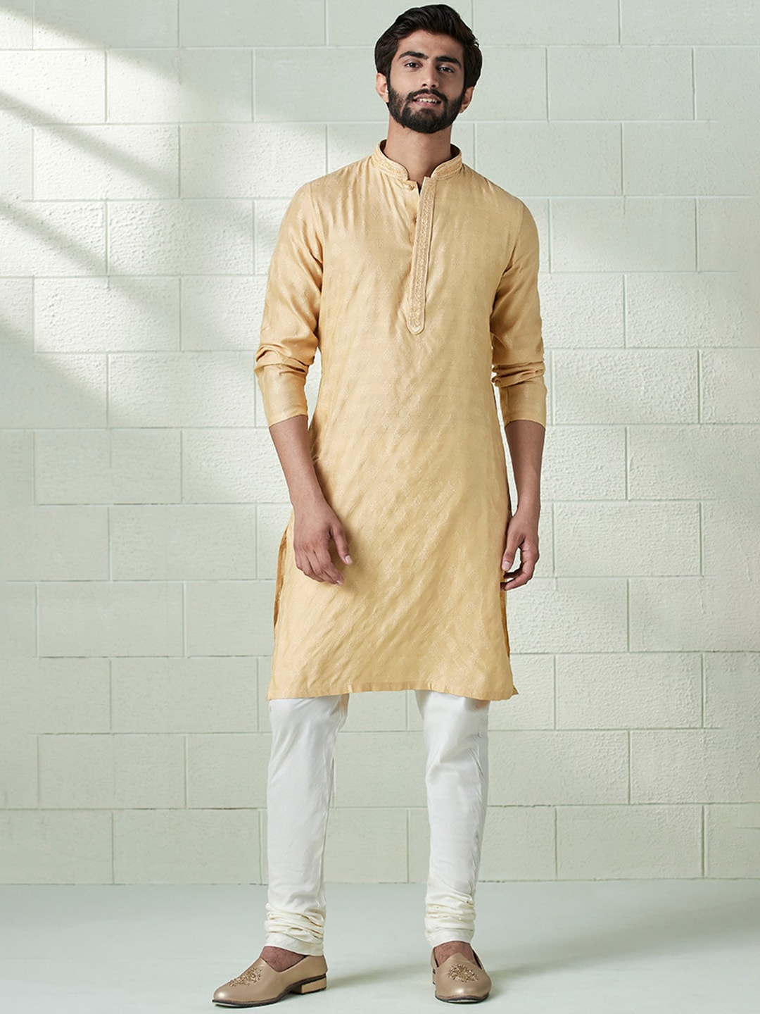 

Twamev Floral Woven Design Mandarin Collar Straight Kurta With Churidar, Beige