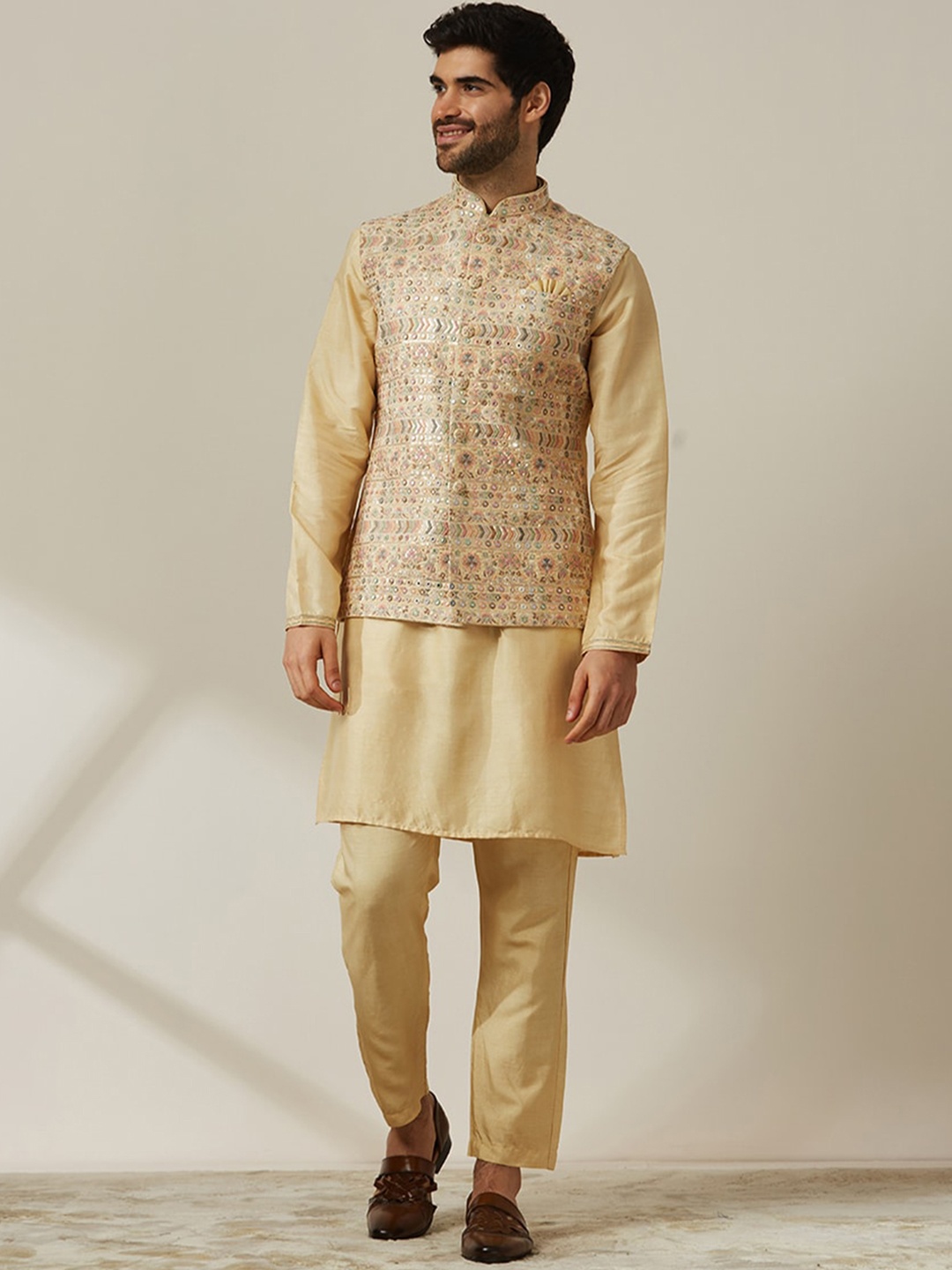

Twamev Mandarin Collar Kurta with Trousers And Embroidered Nehru Jacket, Beige