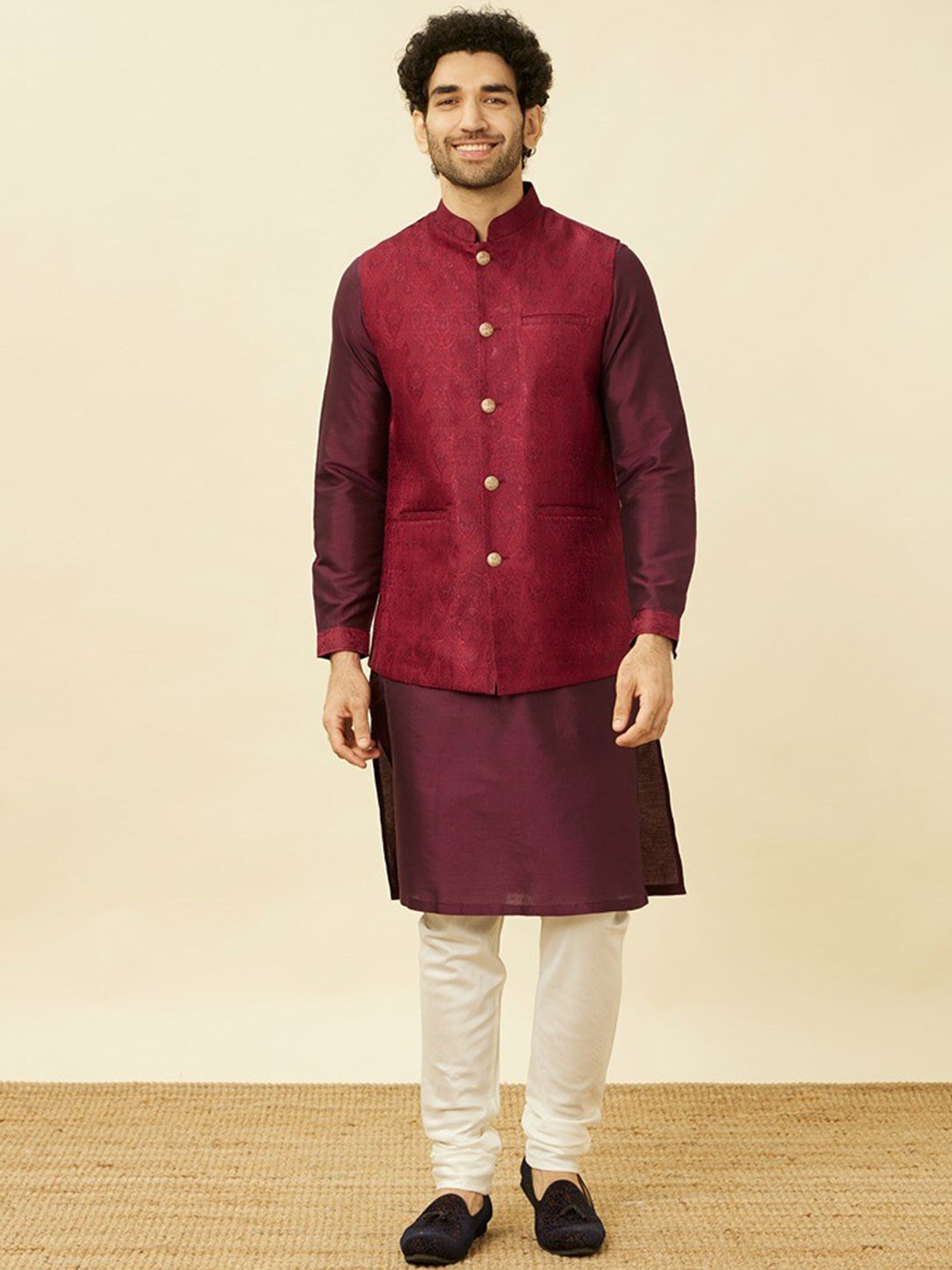 

Twamev Mandarin Collar Kurta with Pyjamas And Nehru Jacket, Purple