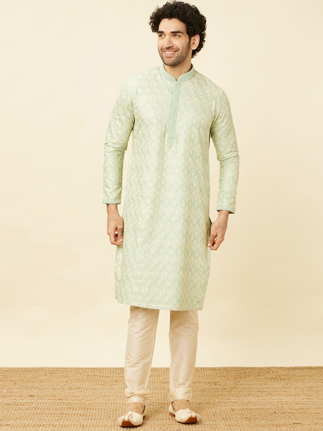

Twamev Woven Design Mandarin Collar Kurta with Pyjamas, Green
