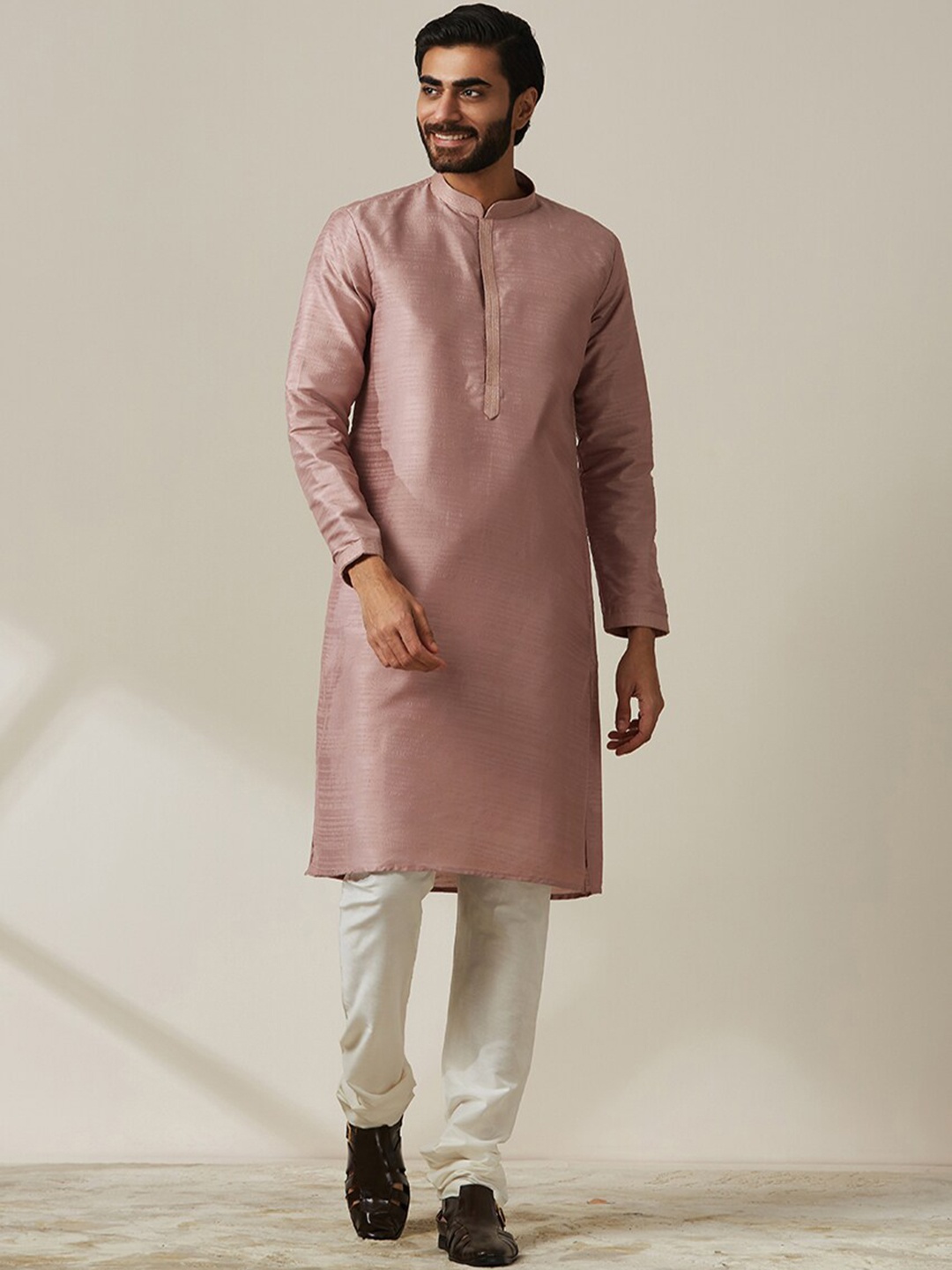 

Twamev Mandarin Collar Regular Kurta With Churidar & Nehru Jacket, Mauve