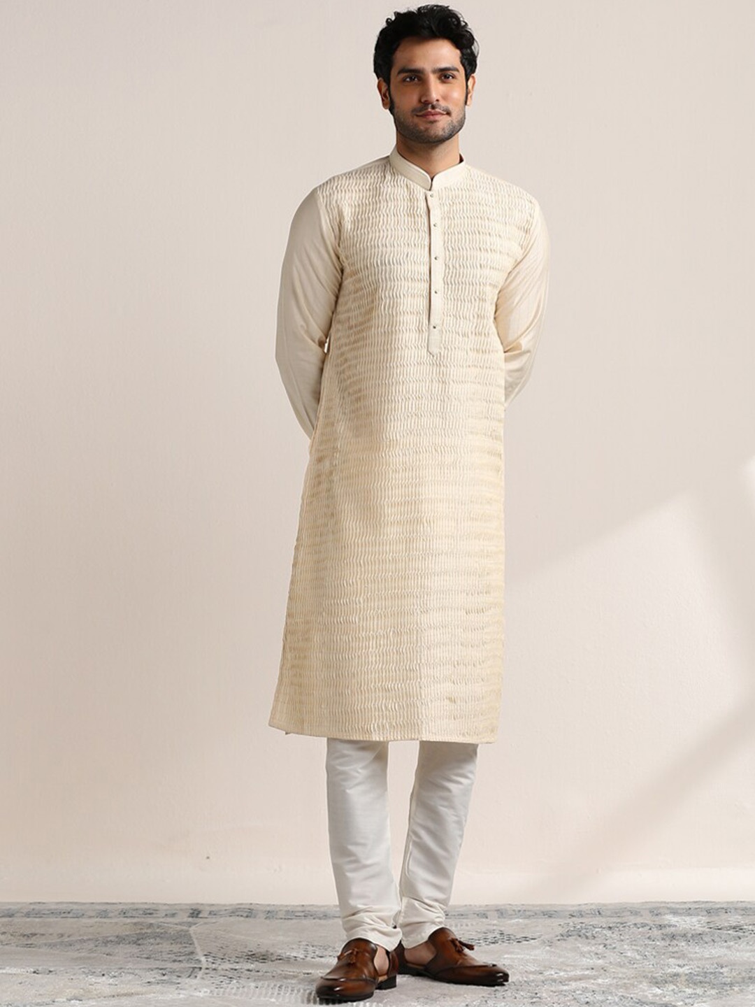 

Twamev Self Designed Mandarin Collar Kurta with Churidar, Beige