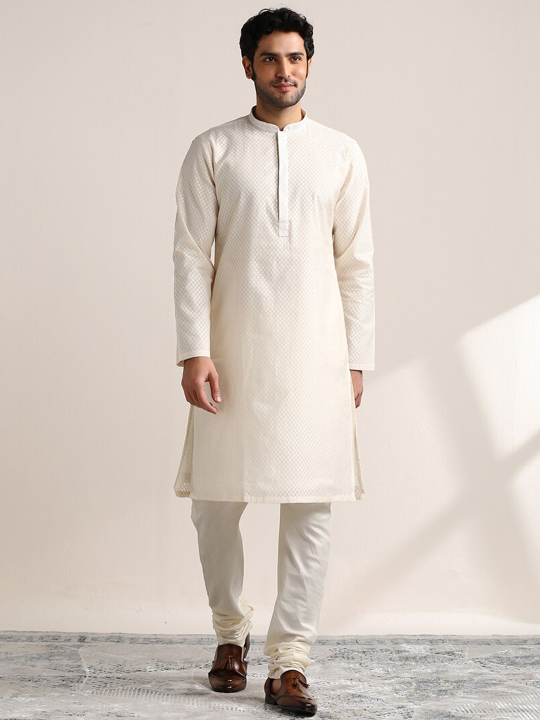 

Twamev Ethnic Motifs Woven Design Kurta With Churidar, Cream