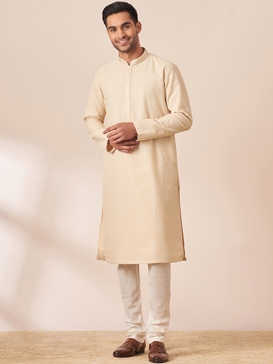 

Twamev Geometric Embroidered Art Silk Straight Kurta With Churidar, Beige