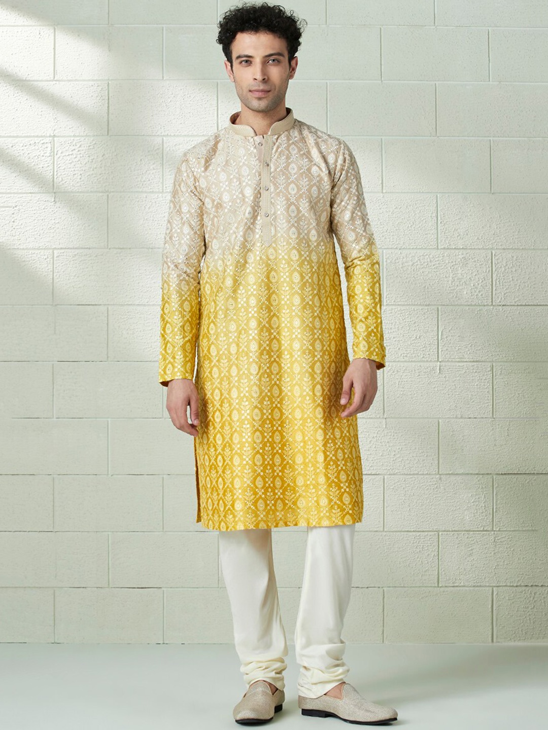 

Twamev Ethnic Motifs Embroidered Mirror Work Mandarin Collar Kurta With Churidar, Yellow