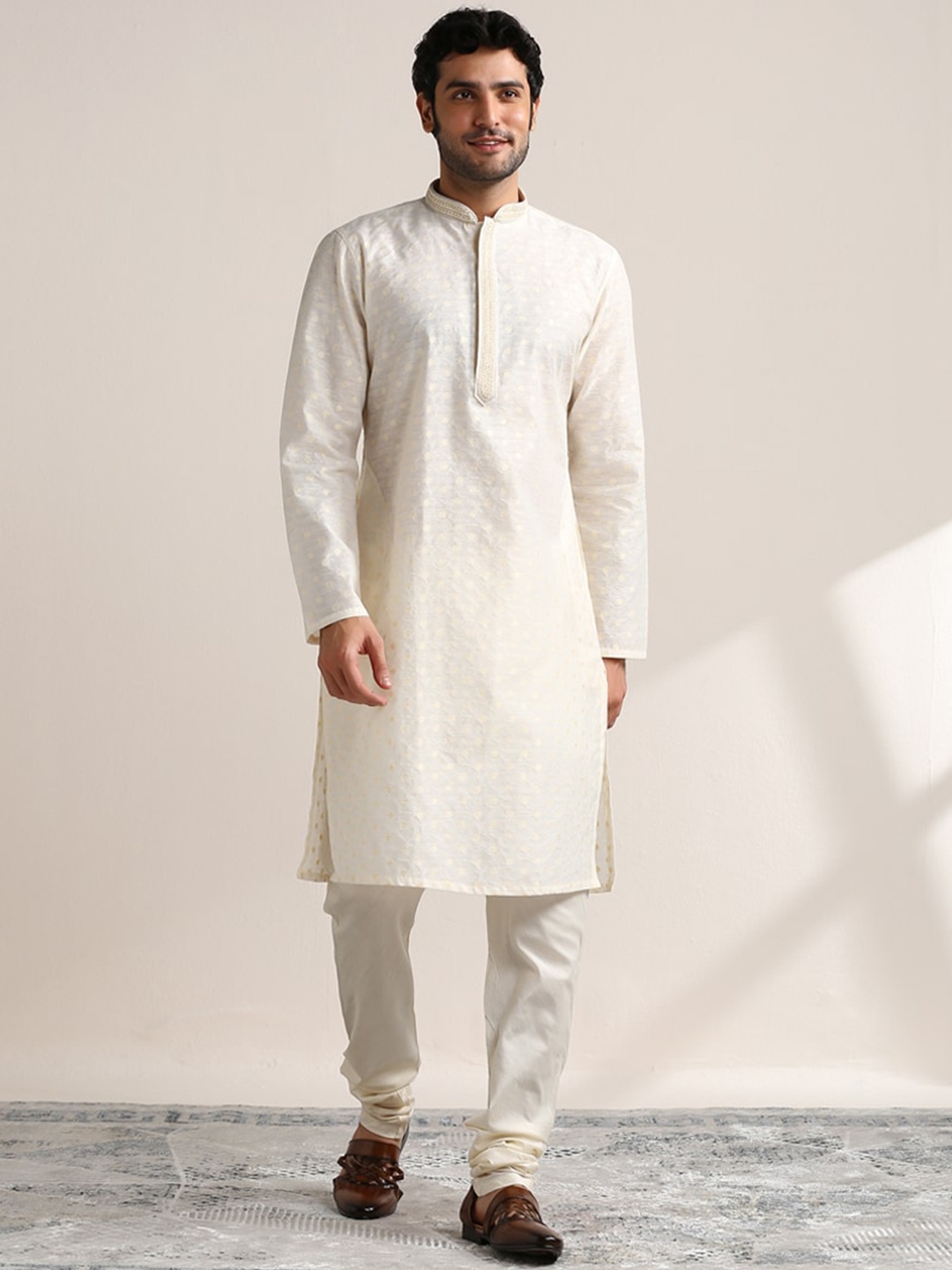 

Twamev Ethnic Motifs Woven Design Mandarin Collar Long Sleeves Regular Kurta with Churidar, Cream