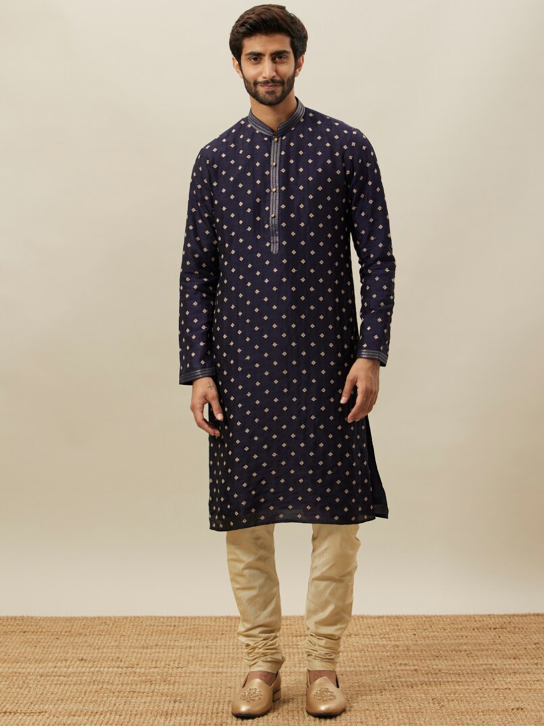 

Twamev Ethnic Motifs Woven Design Kurta With Churidar, Navy blue