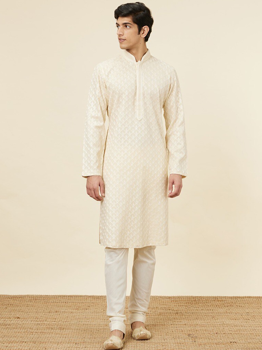 

Twamev Ethnic Motifs Embroidered Mandarin Collar Thread Work Straight Kurta With Churidar, Cream