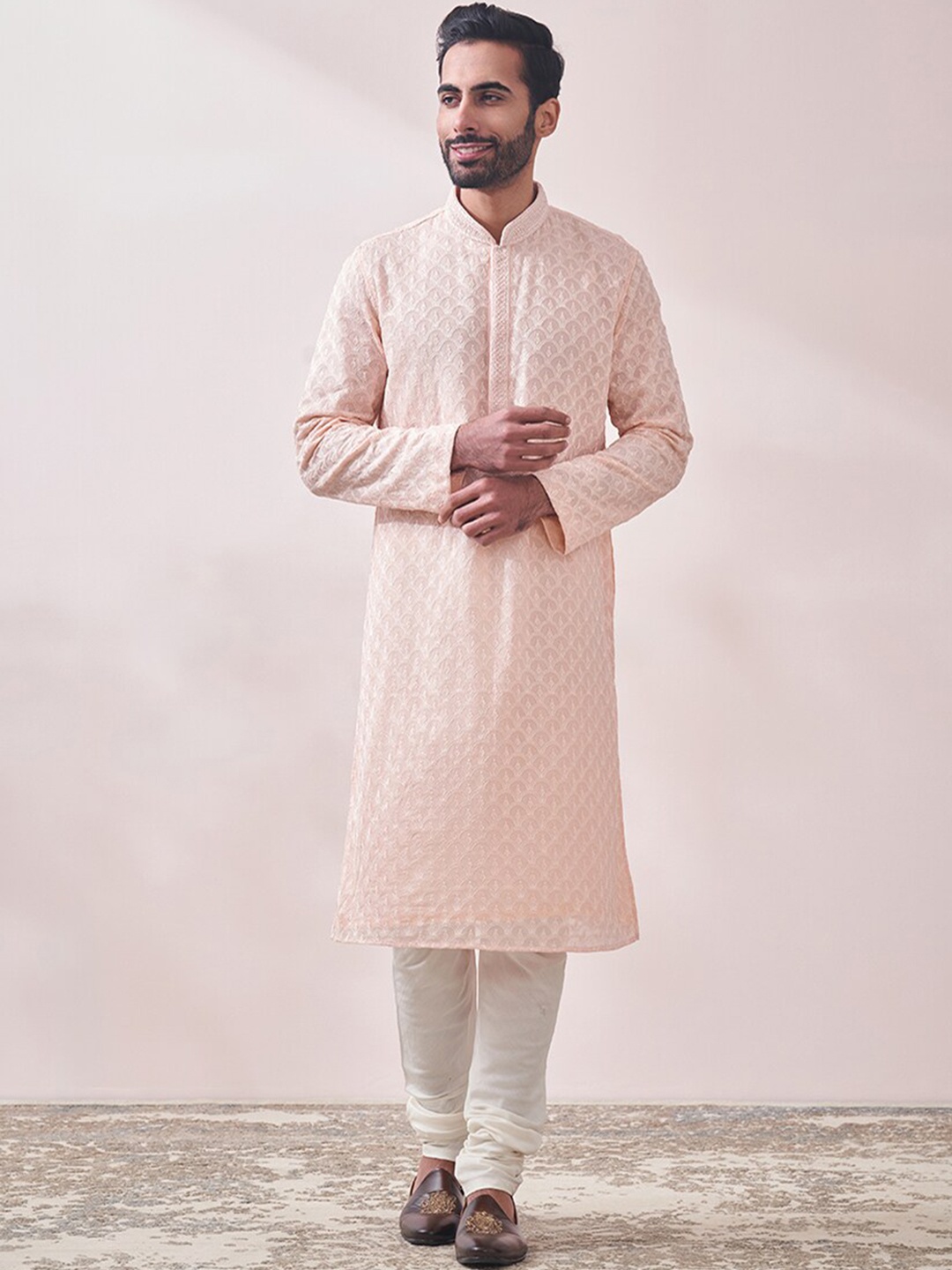 

Twamev Ethnic Motifs Embroidered Kurta With Churidar, Peach
