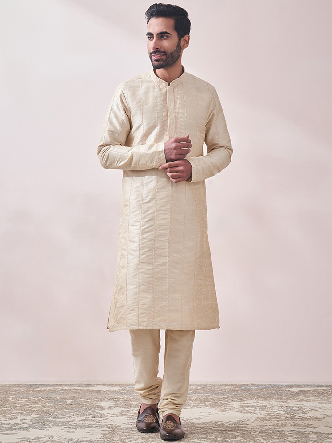 

Twamev Ethnic Embroidered Regular Kurta with Churidar, Beige