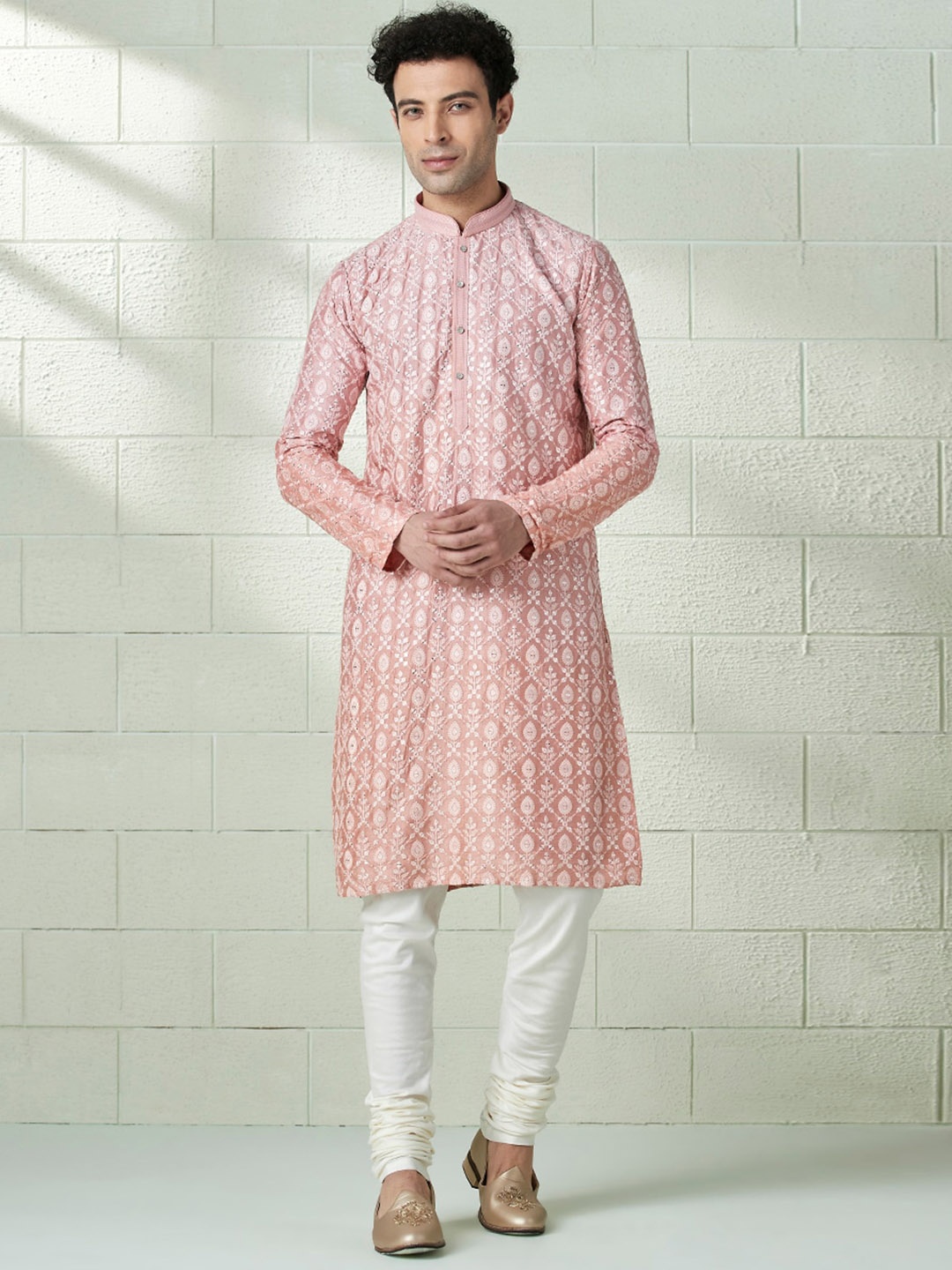 

Twamev Embroidered Mirror Work Kurta with Pyjamas, Coral