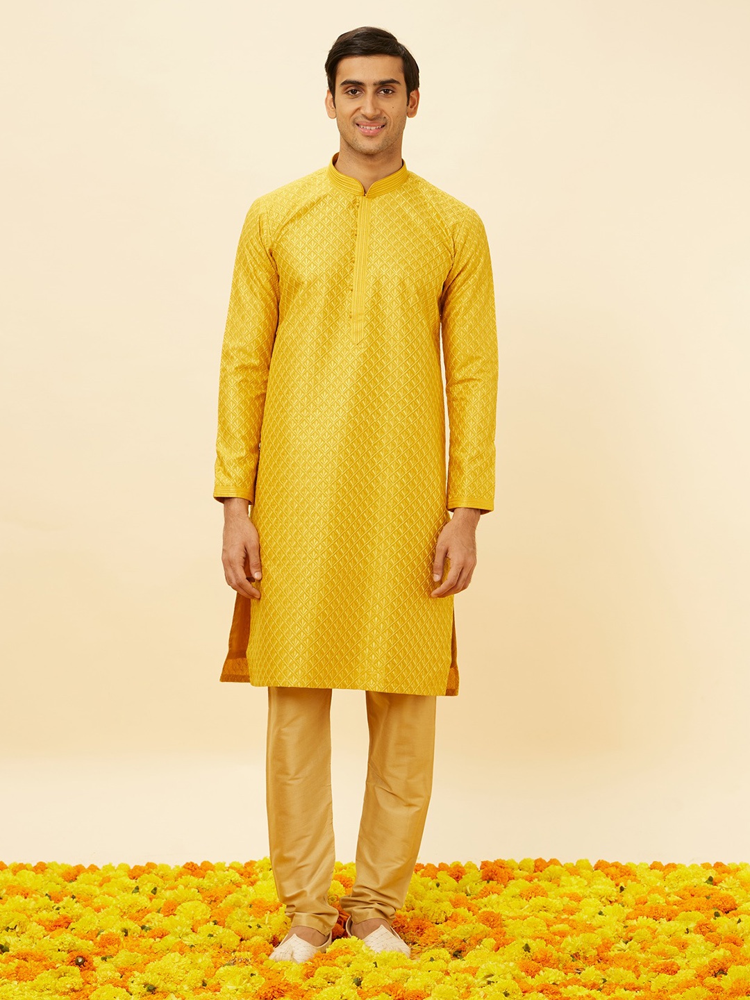 

Twamev Ethnic Motifs Embroidered Mandarin Collar Thread Work Straight Kurta With Churidar, Mustard