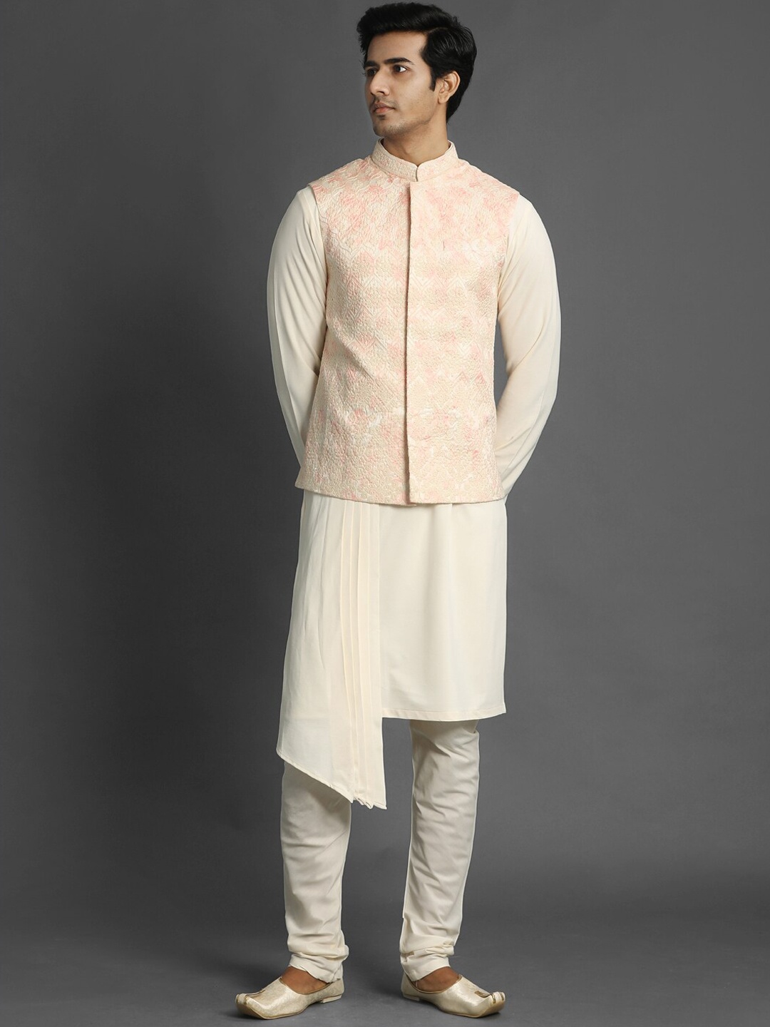 

Twamev Mandarin Collar Kurta With Churidar & Nehru Jacket, Cream