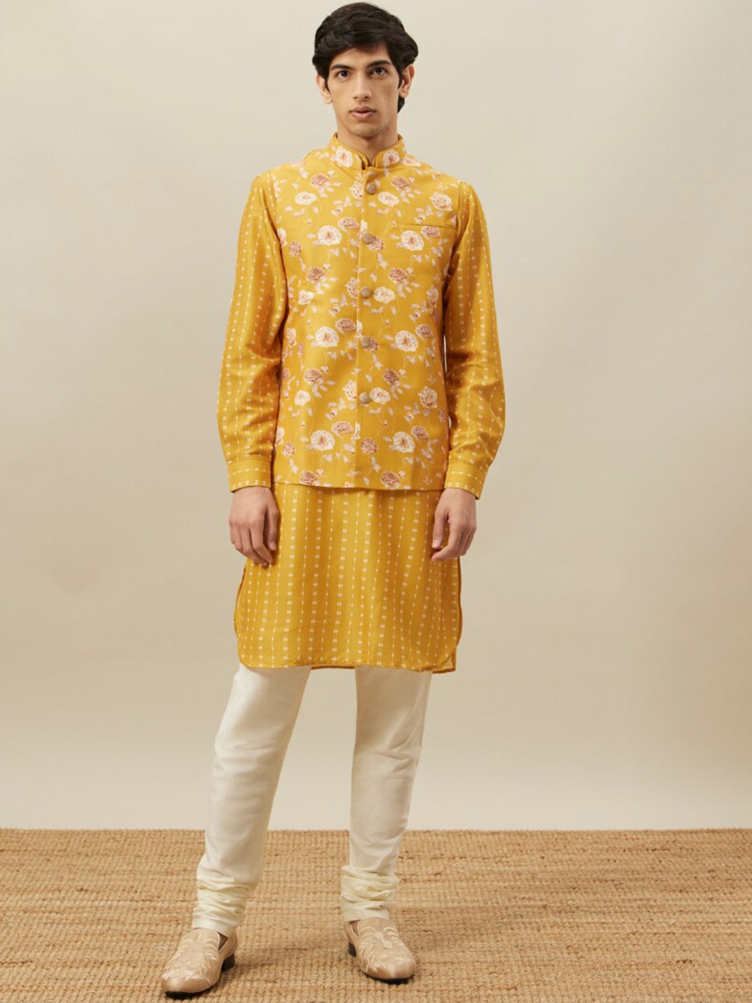 

Twamev Striped Regular Kurta with Churidar & Nehru jacket, Mustard