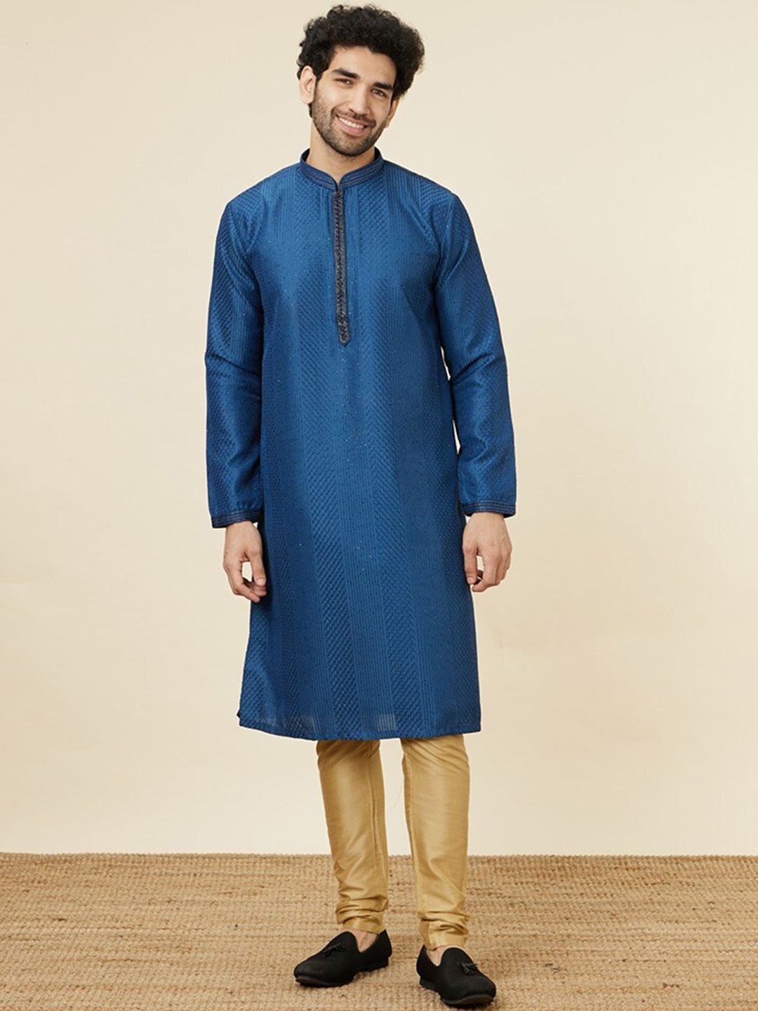 

Twamev Embroidered Regular Art Silk Kurta With Churidar, Blue
