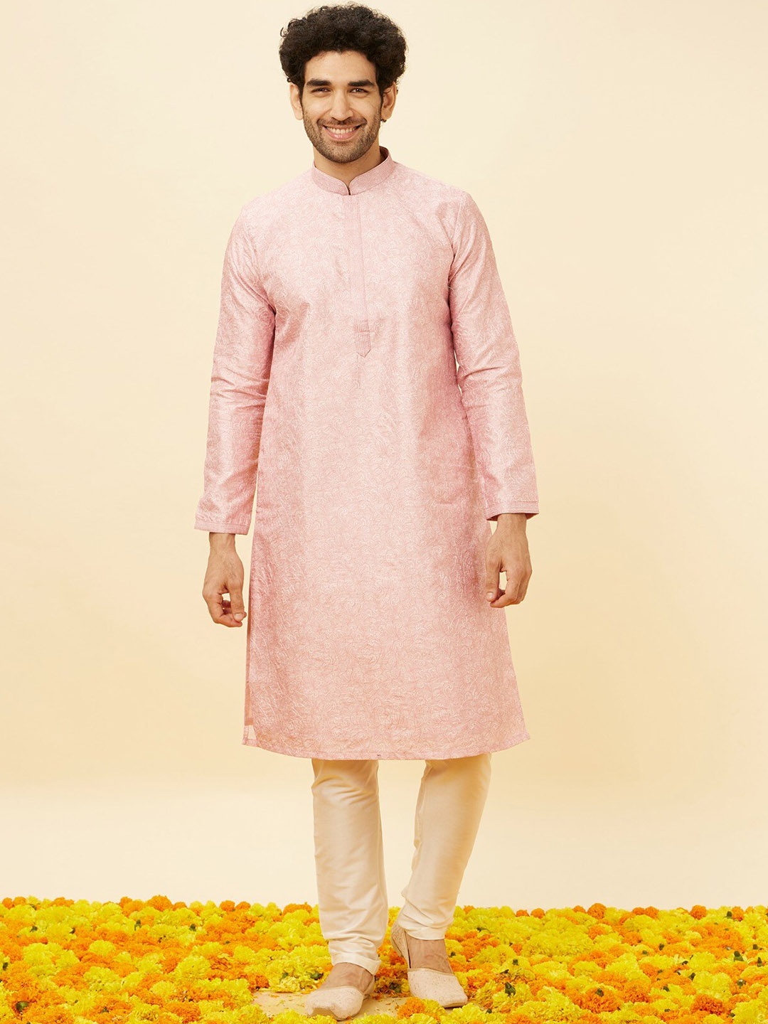 

Twamev Floral Printed Regular Thread Work Kurta With Churidar, Pink