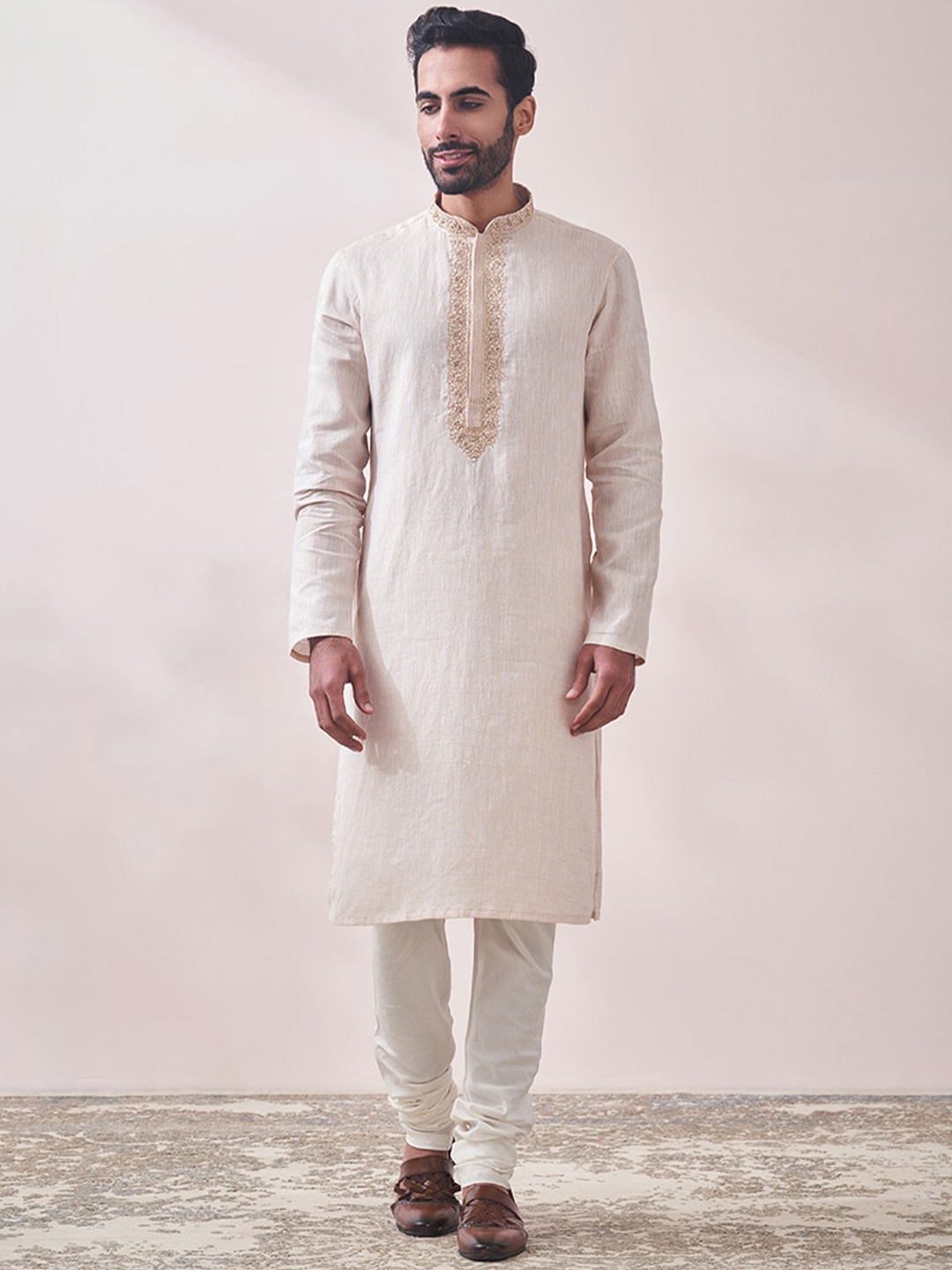

Twamev Ethnic Motif Embroidered Beads & Stone Linen Kurta With Churidar, Beige