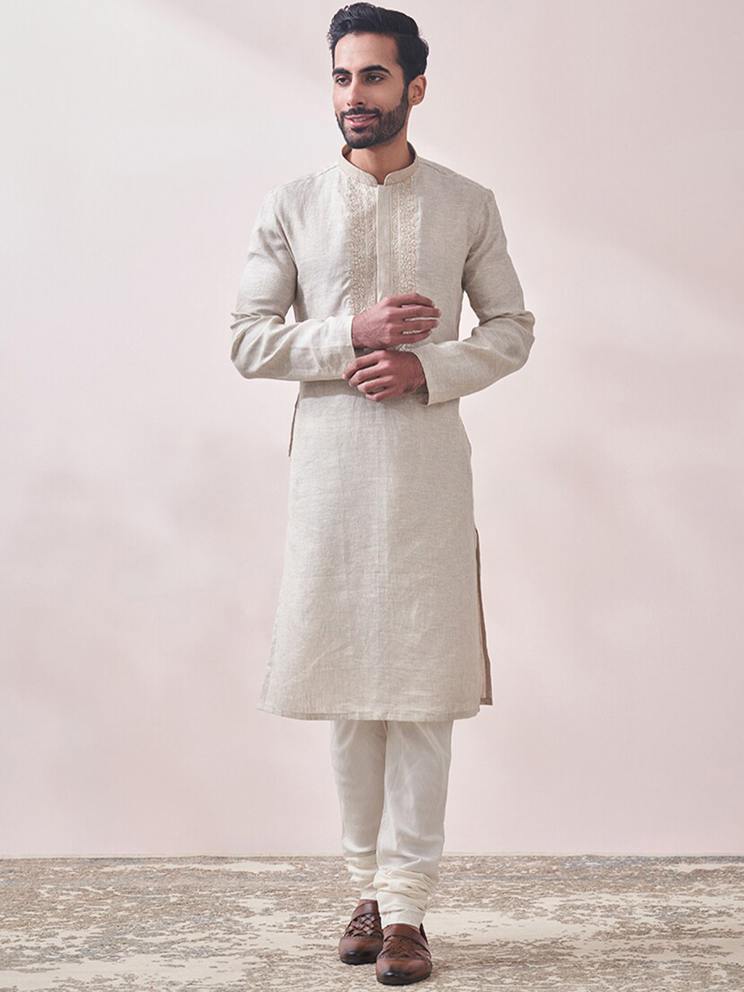 

Twamev Ethnic Yoke Design Regular Linen Kurta with Churidar, Cream
