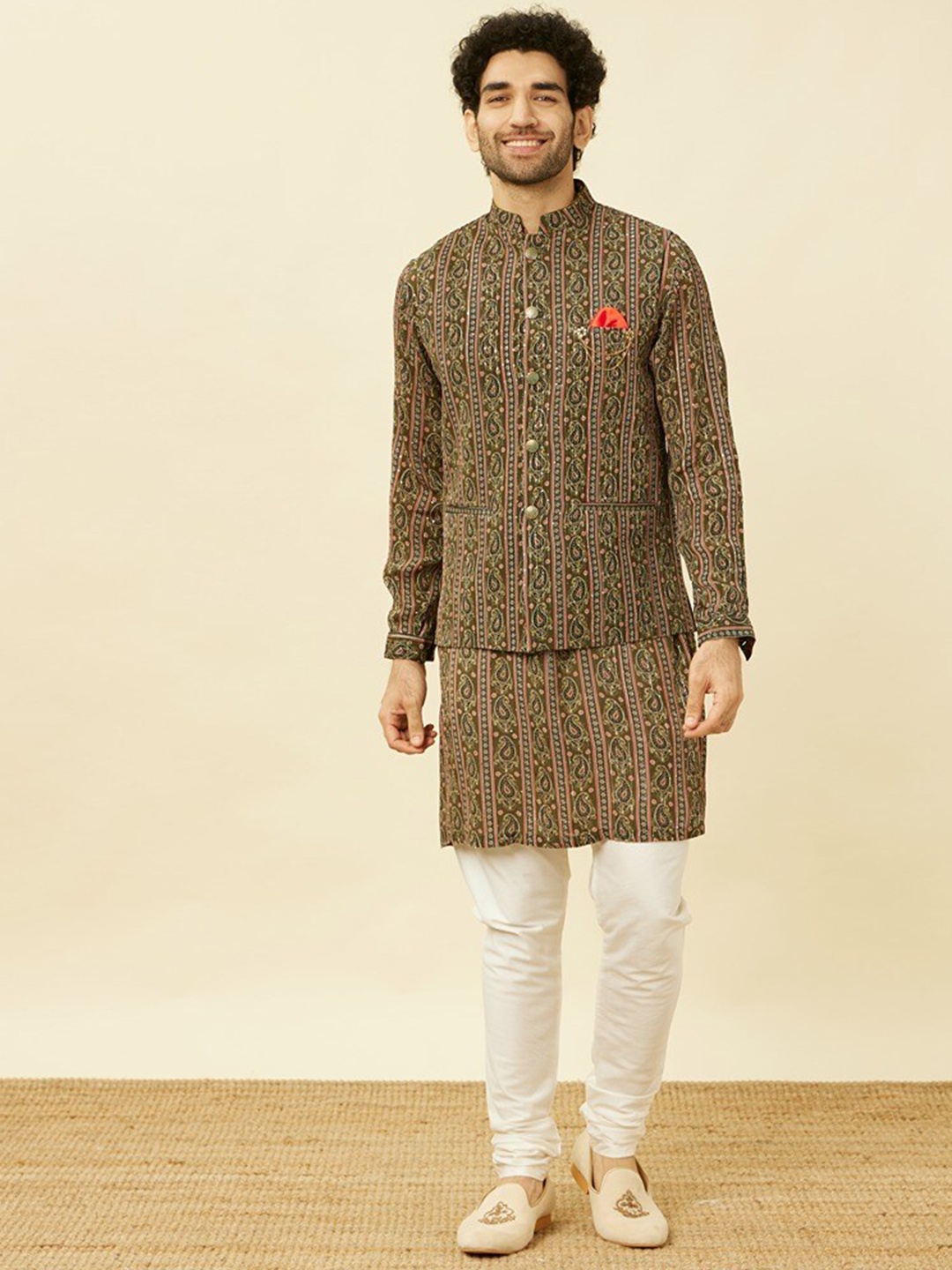 

Twamev Ethnic Printed Regular Kurta with Churidar & Nehru Jacket, Olive