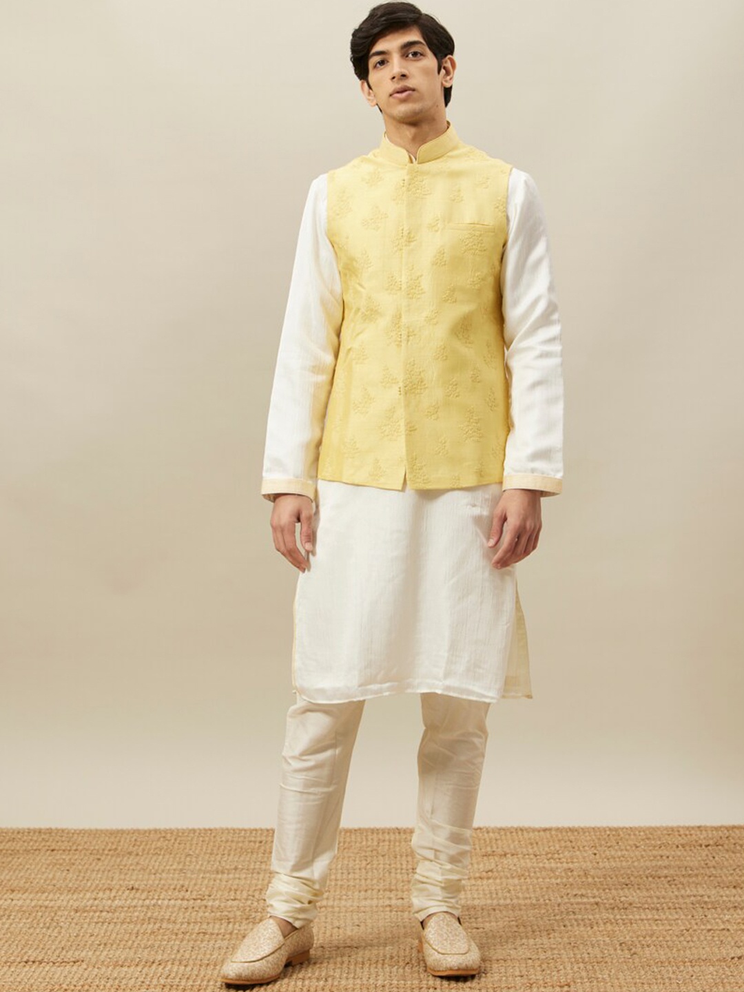 

Twamev Mandarin Collar Kurta & Churidar With Embroidered Nehru Jacket, Cream