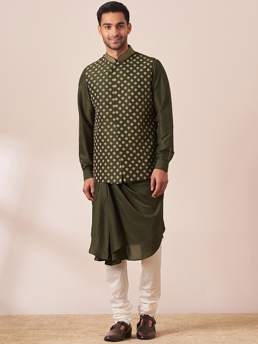 

Twamev Embroidered Regular Kurta With Churidar & Nehru Jacket, Green