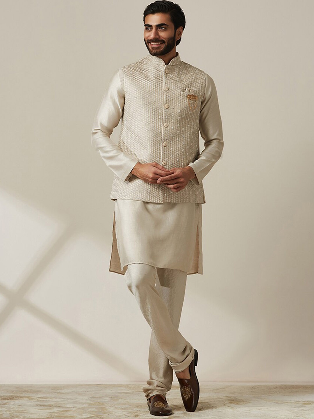 

Twamev Mandarin Collar Sequinned Regular Satin Kurta With Churidar & Nehru jacket, Cream