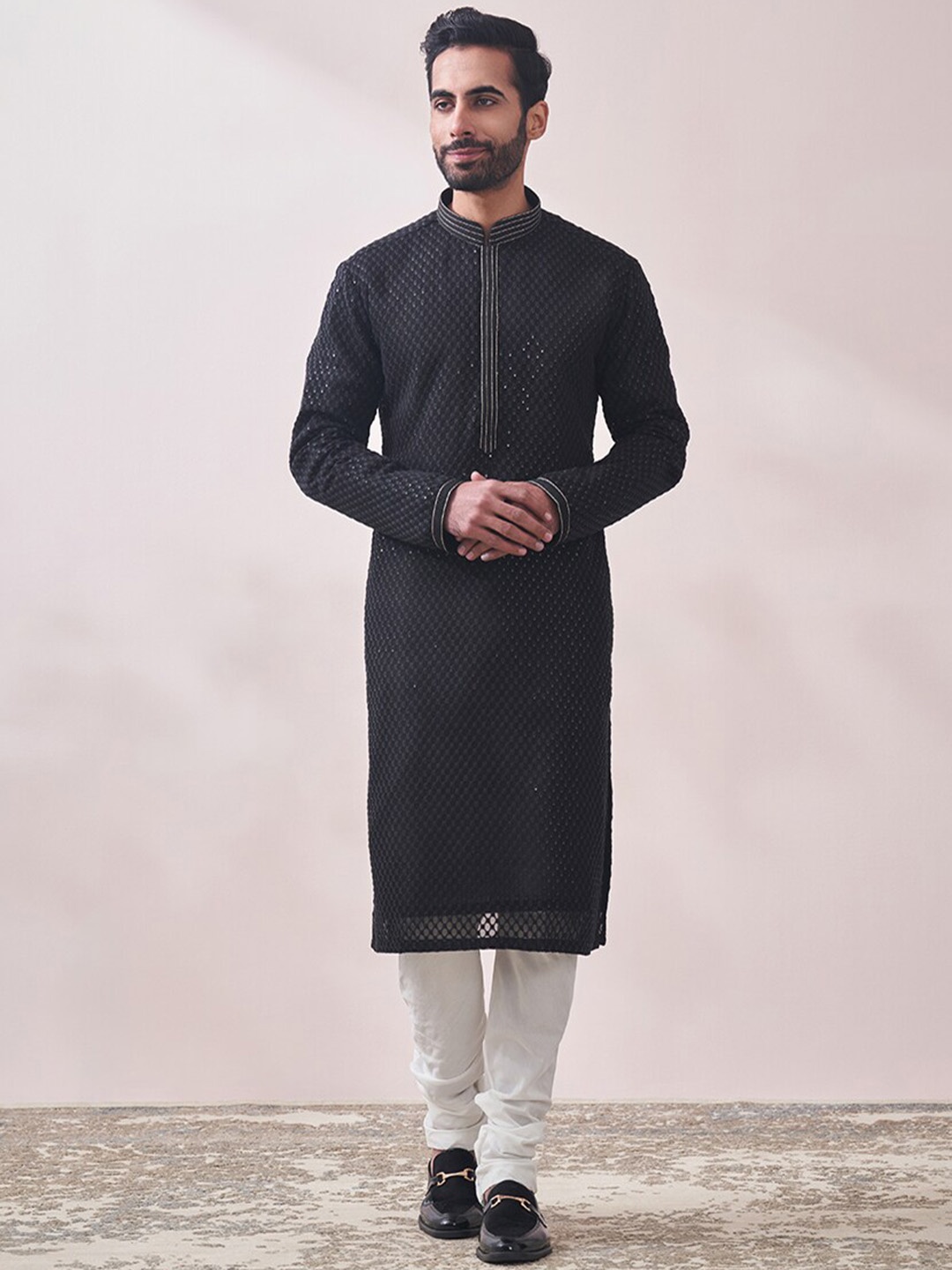 

Twamev Geometric Embroidered Regular Sequinned Kurta With Churidar, Black