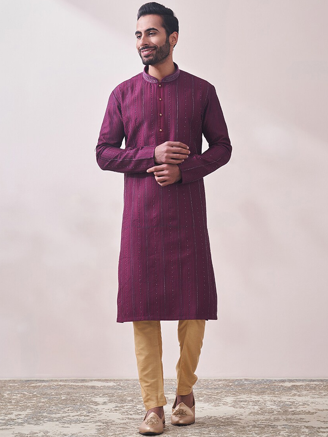 

Twamev Ethnic Motifs Embroidered Kurta With Churidar, Purple