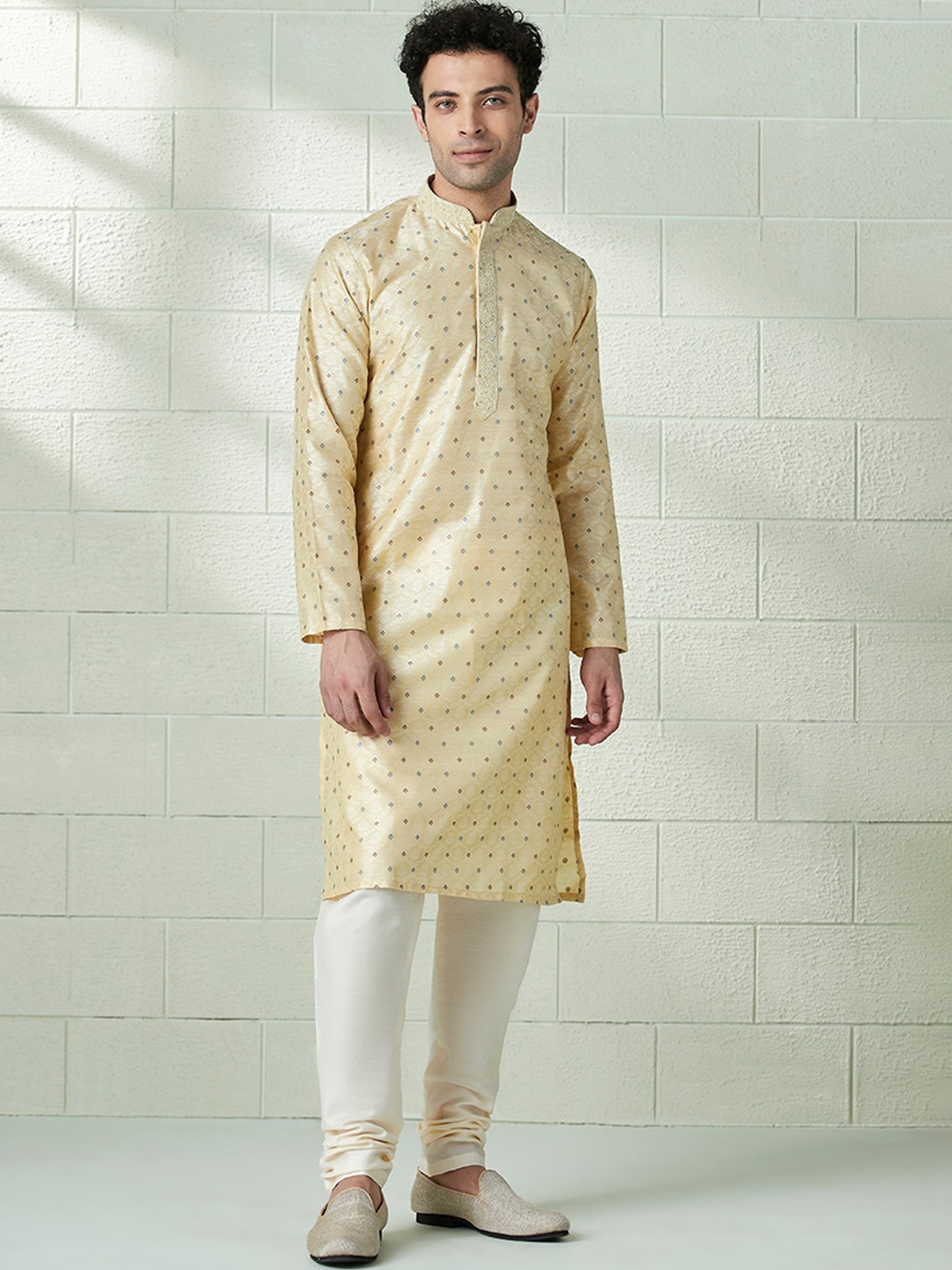 

Twamev Ethnic Motifs Woven Design Mandarin Collar Long Sleeves Regular Kurta with Churidar, Yellow