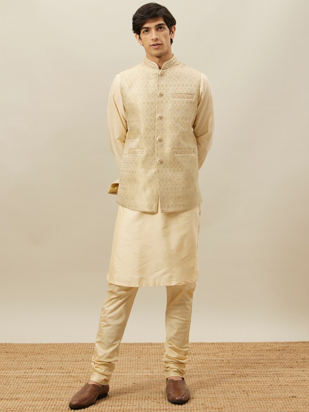 

Twamev Mandarin Collar Kurta With Churidar & Nehru Jacket, Beige