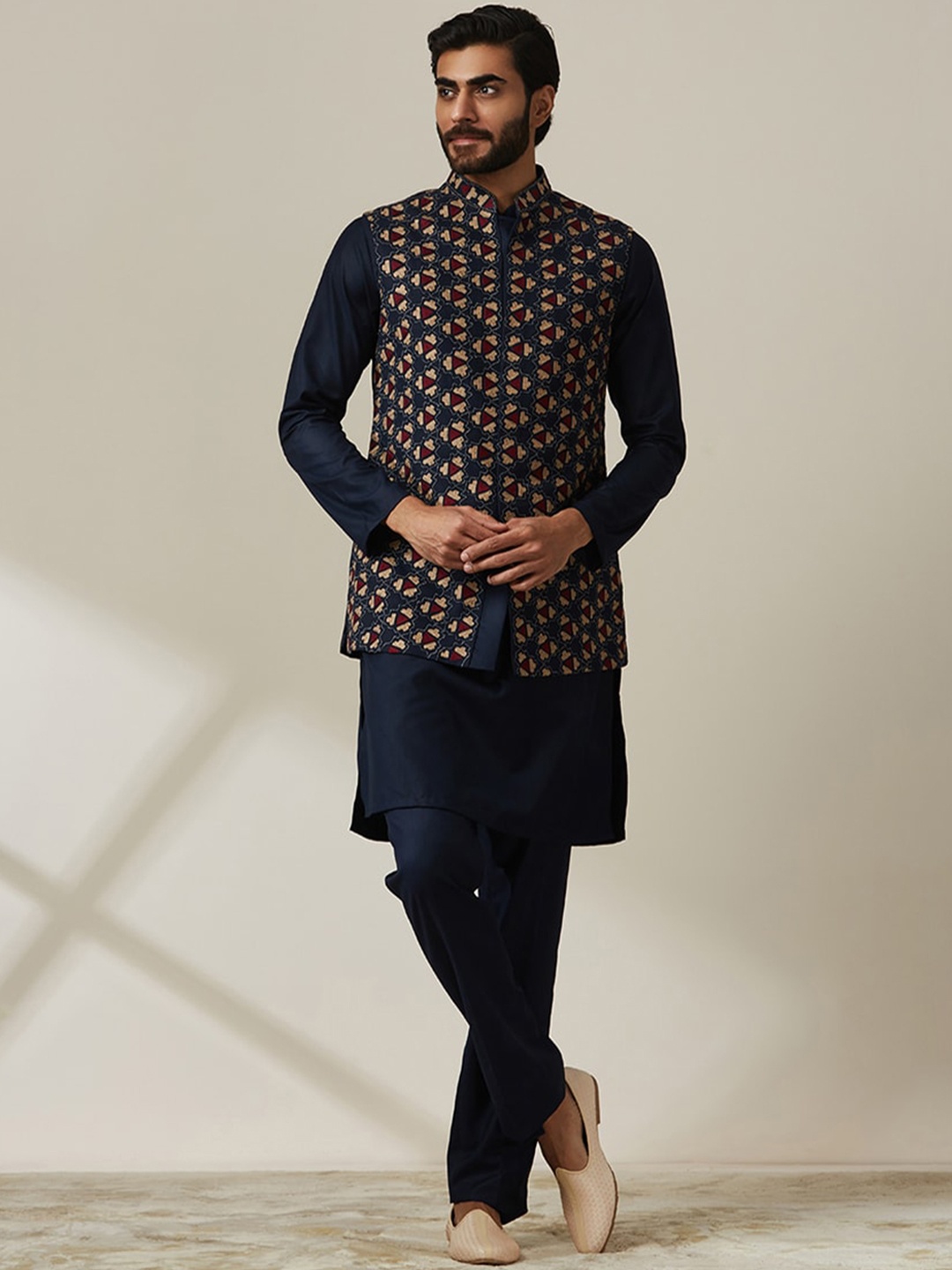 

Twamev Navy Blue Long Sleeves Kurta with Trousers And Nehru jacket